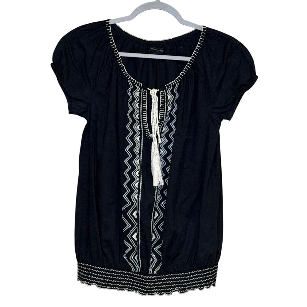 Banana Republic Womens Boho Embroidered Blouse Navy Small Tassel Smocked Top - Picture 2 of 6